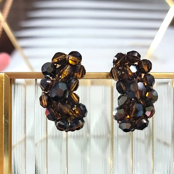 Vintage Amber Topaz Color Crystal Beaded Cluster Climber Clip On Earrings - Picture 2 of 7